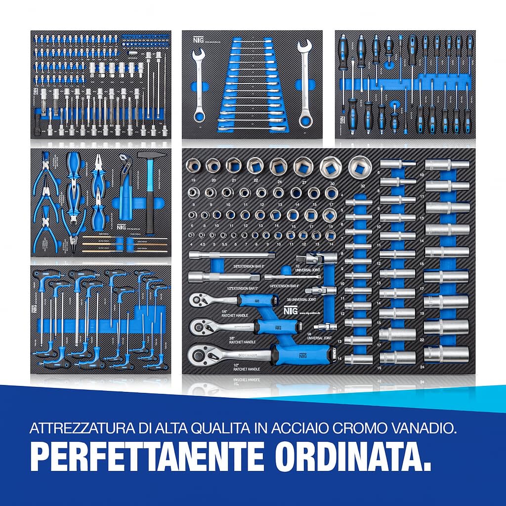NTG carrello portautensili + utensili + 7 cassetti | 247 pezzi | chiudibile a chiave | 6 dei quali con utensili | con intarsi morbidi in carbon look | cassetti pieni | carrello portautensili