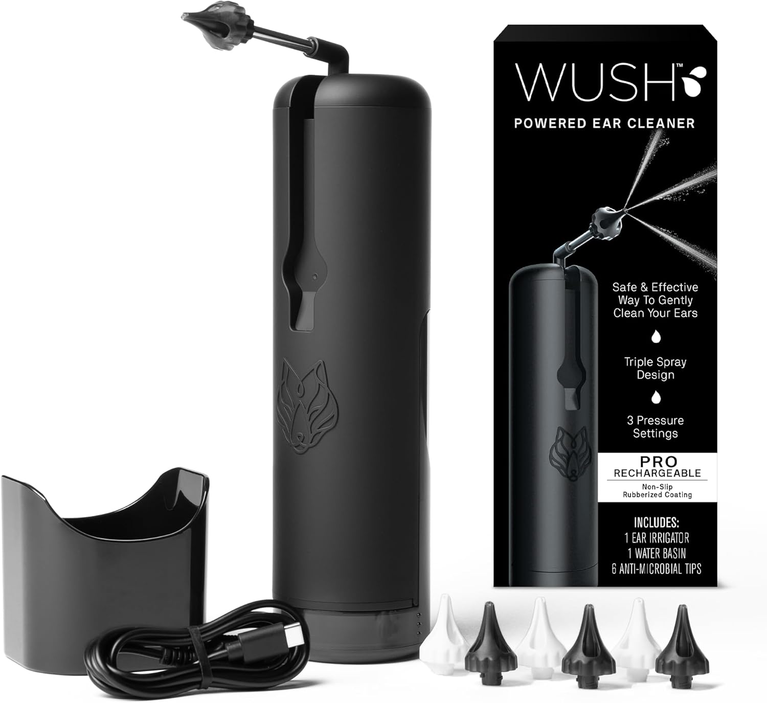 Wush Pro by Black Wolf – The Original Deluxe Water Powered Ear Cleaner with 6 Reusable Replacement Tips by Black Wolf – Safe & Effective for Ear Wax Buildup – Electric Ear Wax Removal Kit (Black)