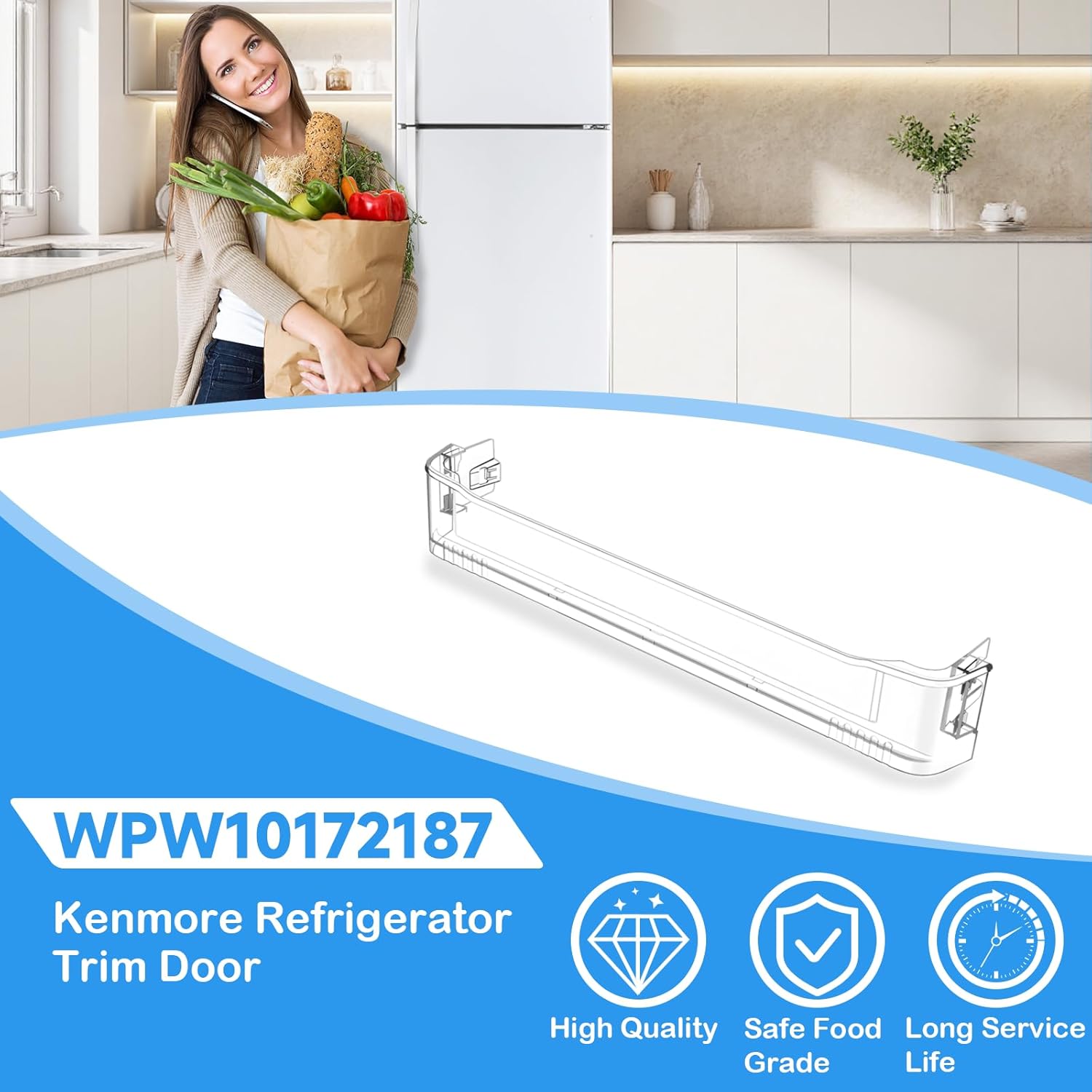 UPGRADED WPW10172187 W10172187 Refrigerator Door Shelf Trim Compatible with Whirlpool Kenmore Refrigerator Door Shelf Bin Replacement Part 1871854 AP6016260 Whirlpool Fridge Door Bin Shelf Bar Clear