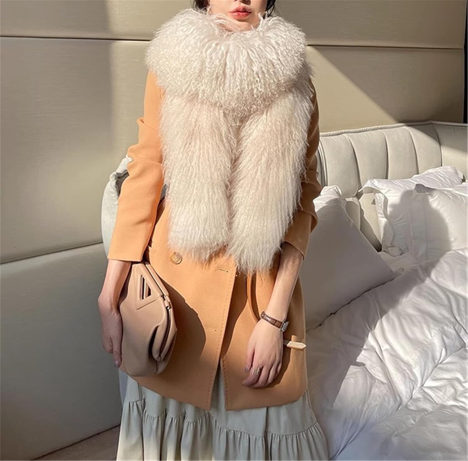 MY-21 Women's Winter Warm Big Fluffy Scarf With Real Mongolian Lamb Fur Long Furry Fur Scarves Shawl Curly Hair - Image 2