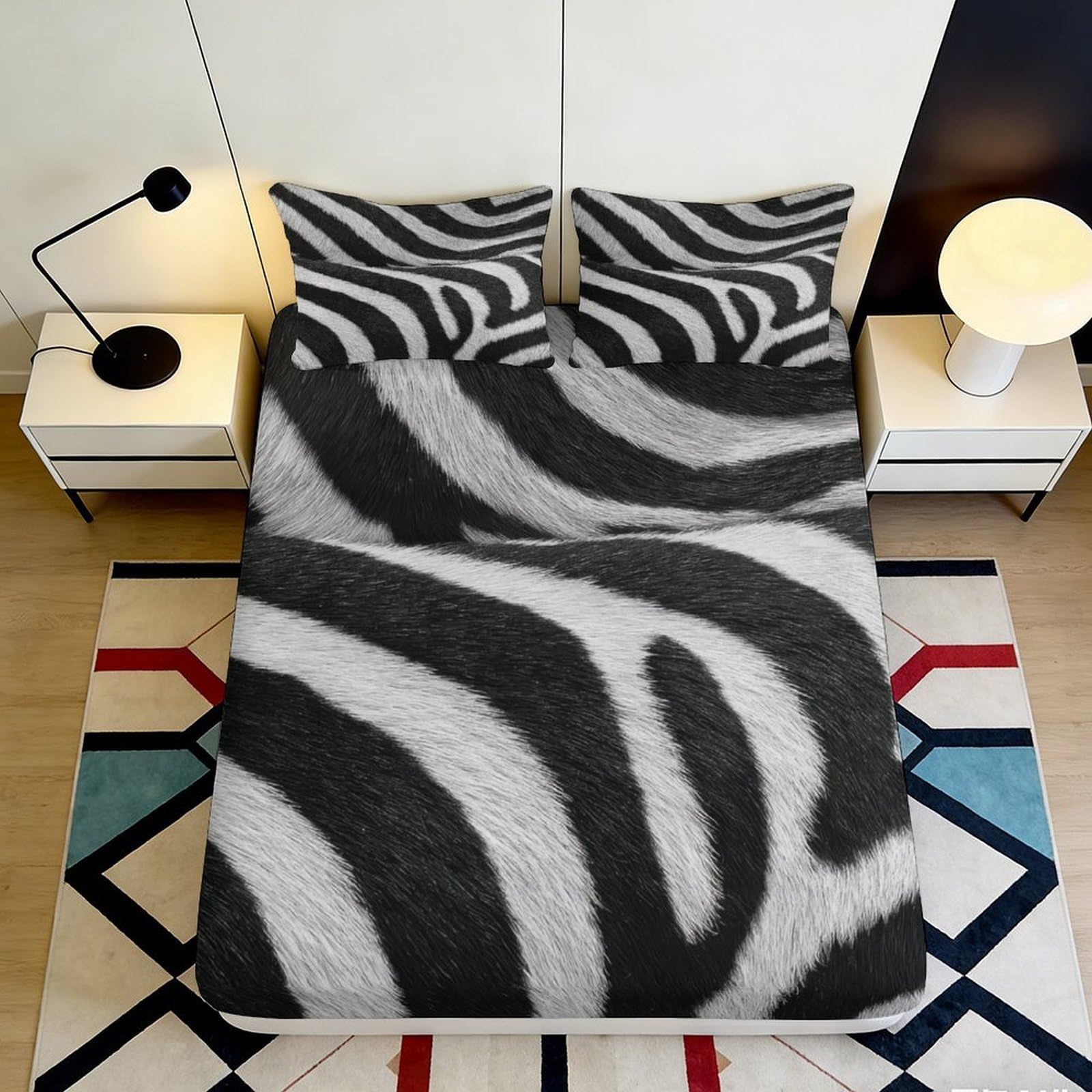 3D Printed Zebra Pattern Fitted Sheet Microfiber Deep Pocket Non-Slip Zebra Mattress Fitted Cover for Bedroom Bedding 140x200x25cm