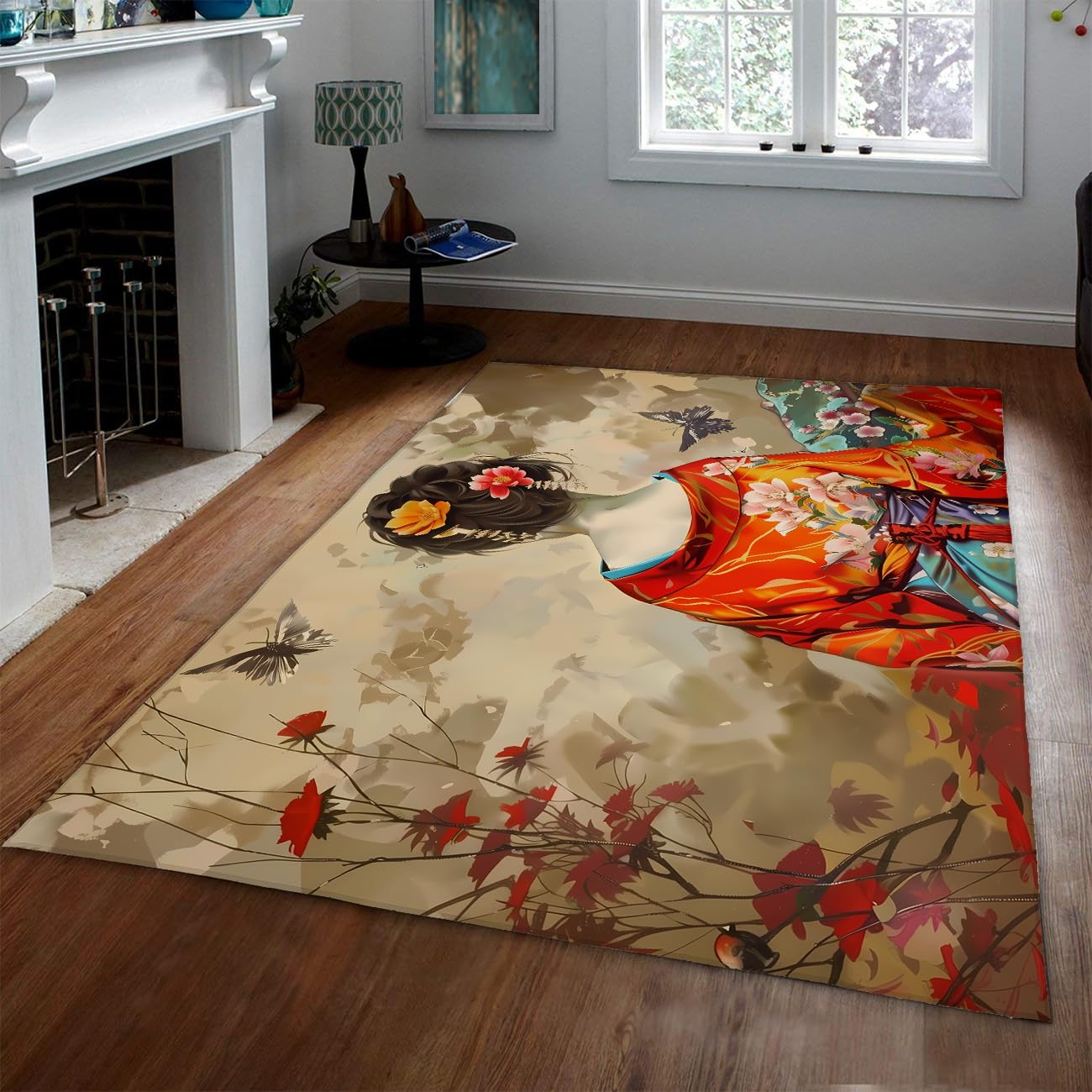 Tapis d'appoint japonais 60x120cm au design raffiné de dame fleurie
