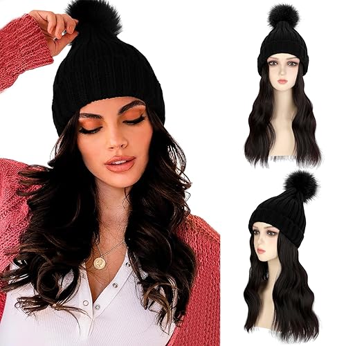 Lansigreen Gorro con peluca, gorro con cabello, extensiones de cabello largo y ondulado, gorro de punto acanalado, con pompón adjunto, 14 pulgadas,