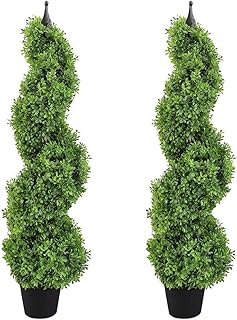 Damomo Boxwood Spiral Topiary Tree 3ft (Two Pieces) Artificial Plants Green Potted Fake Feaux Plant for Decorative Indoor/Outdoor/Garden (35inch)