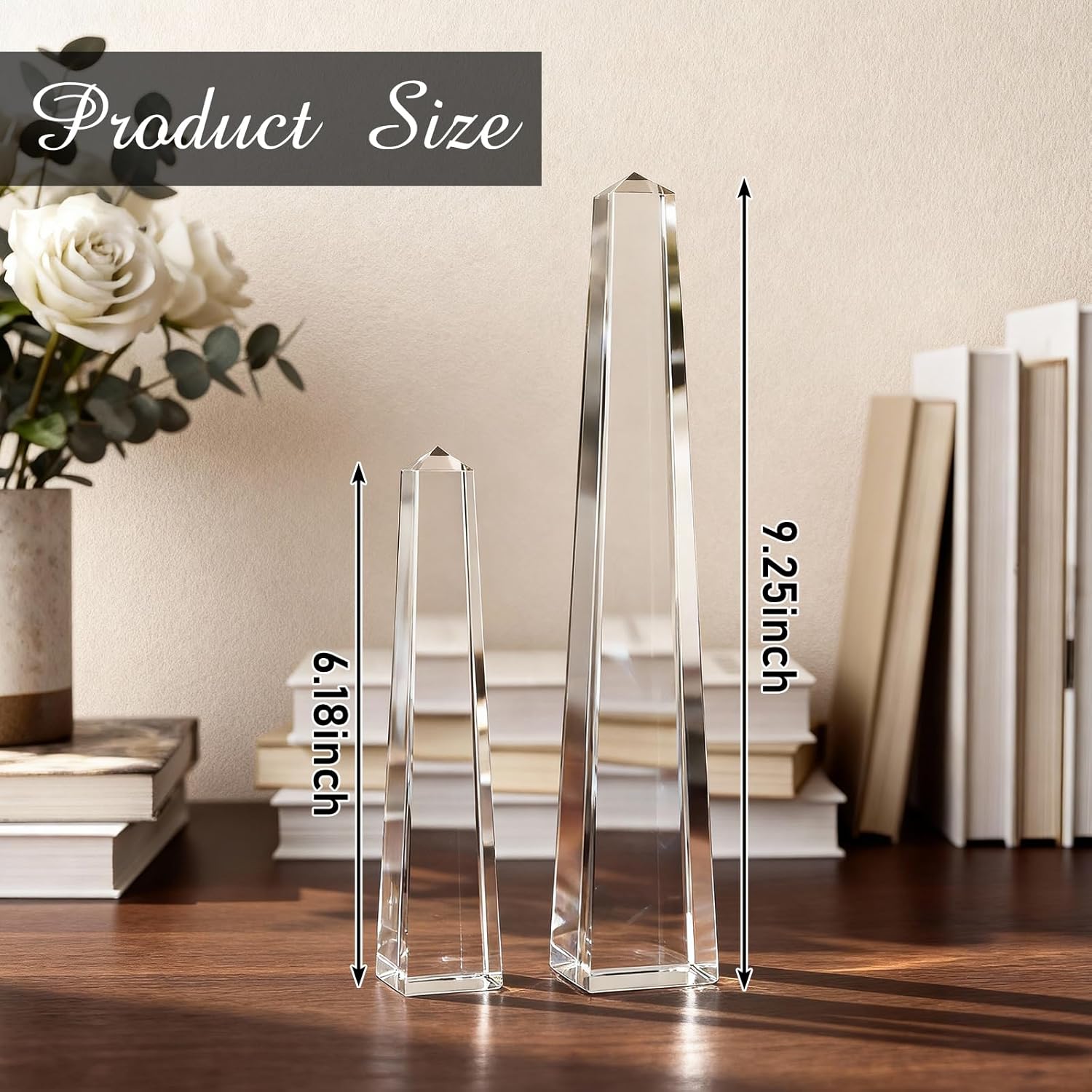 Novabright Crystal Obelisk Towers - 2 Pcs 9.25 Inch & 6.18 Inch Optical Crystal Decoration Set, Ideal for Farmhouse, Modern, and Home Decor for Mantel, Vanity, Side Table, Shelf, and Office Styling