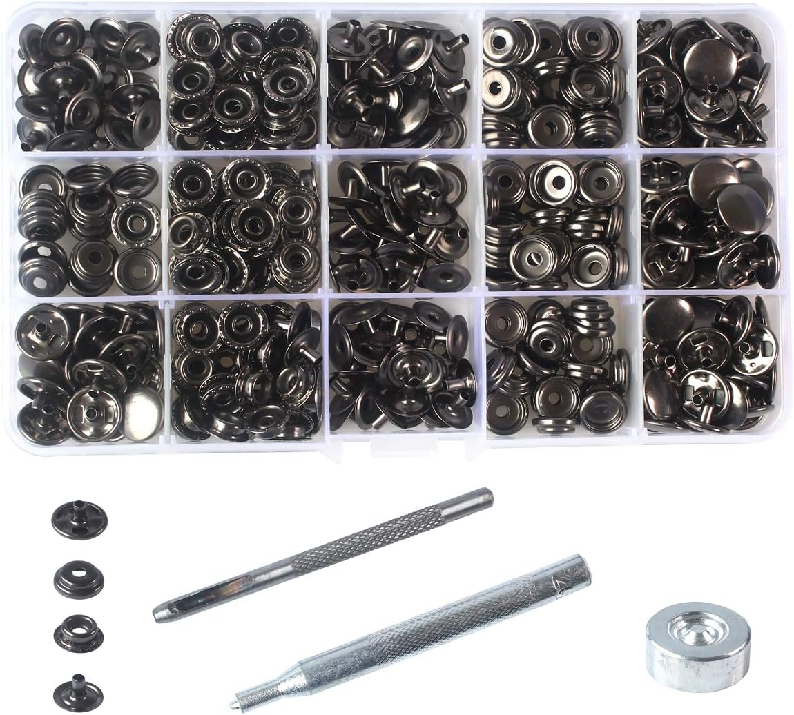 100 Sets - 12mm(1/2") Metal Line 20 Gunmetal Black Plated Steel Snaps Fastener Leather Rapid Rivet Button Sewing with Seting Tool (12mm, Gun Black)