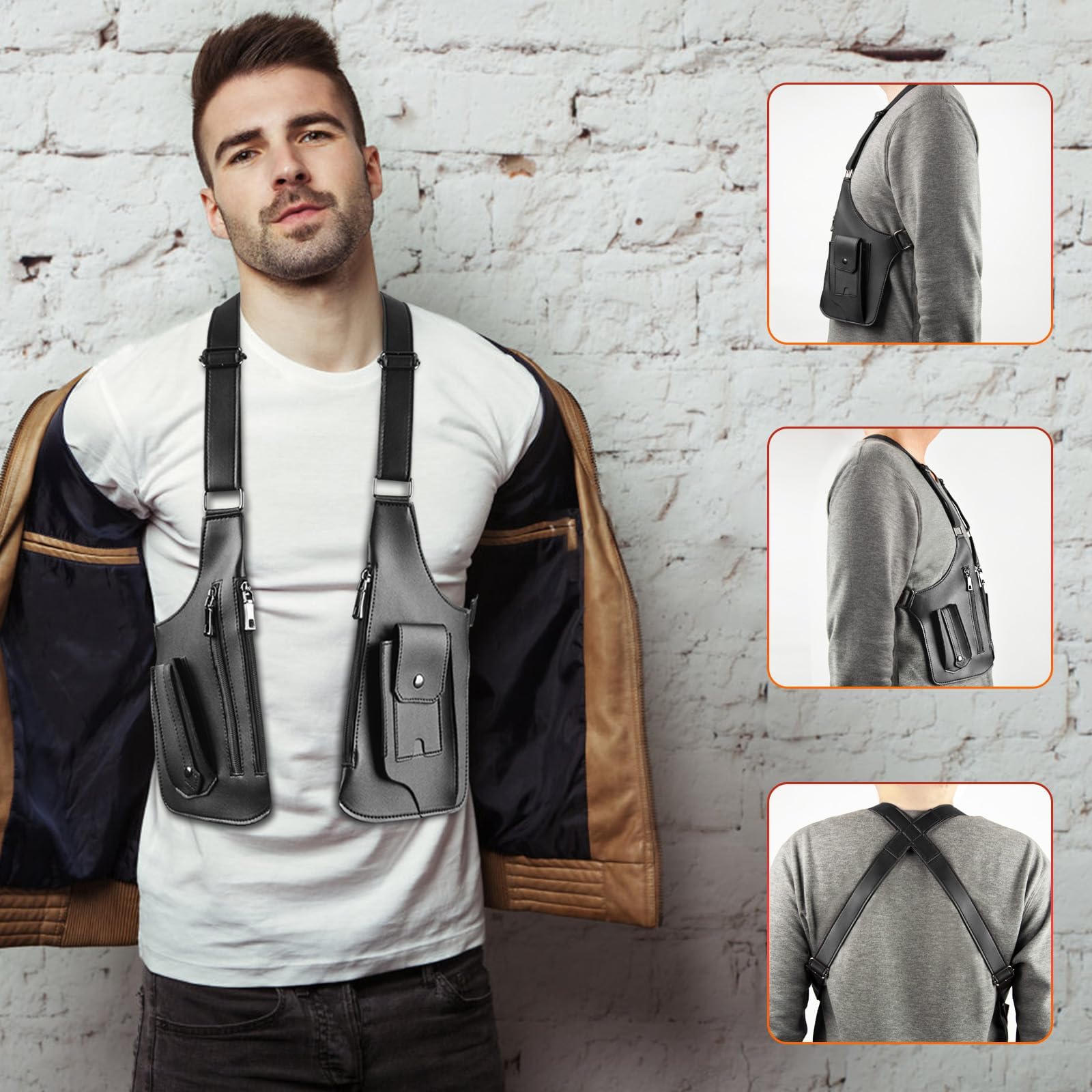 Générique Sac Bandoulière Double Homme, Sac De Harnais D'épaule, Harnais Antivol Cuir Homme,Sac à Bandoulière Double avec Réglable Étui Antivol pour Portefeuille et Téléphone