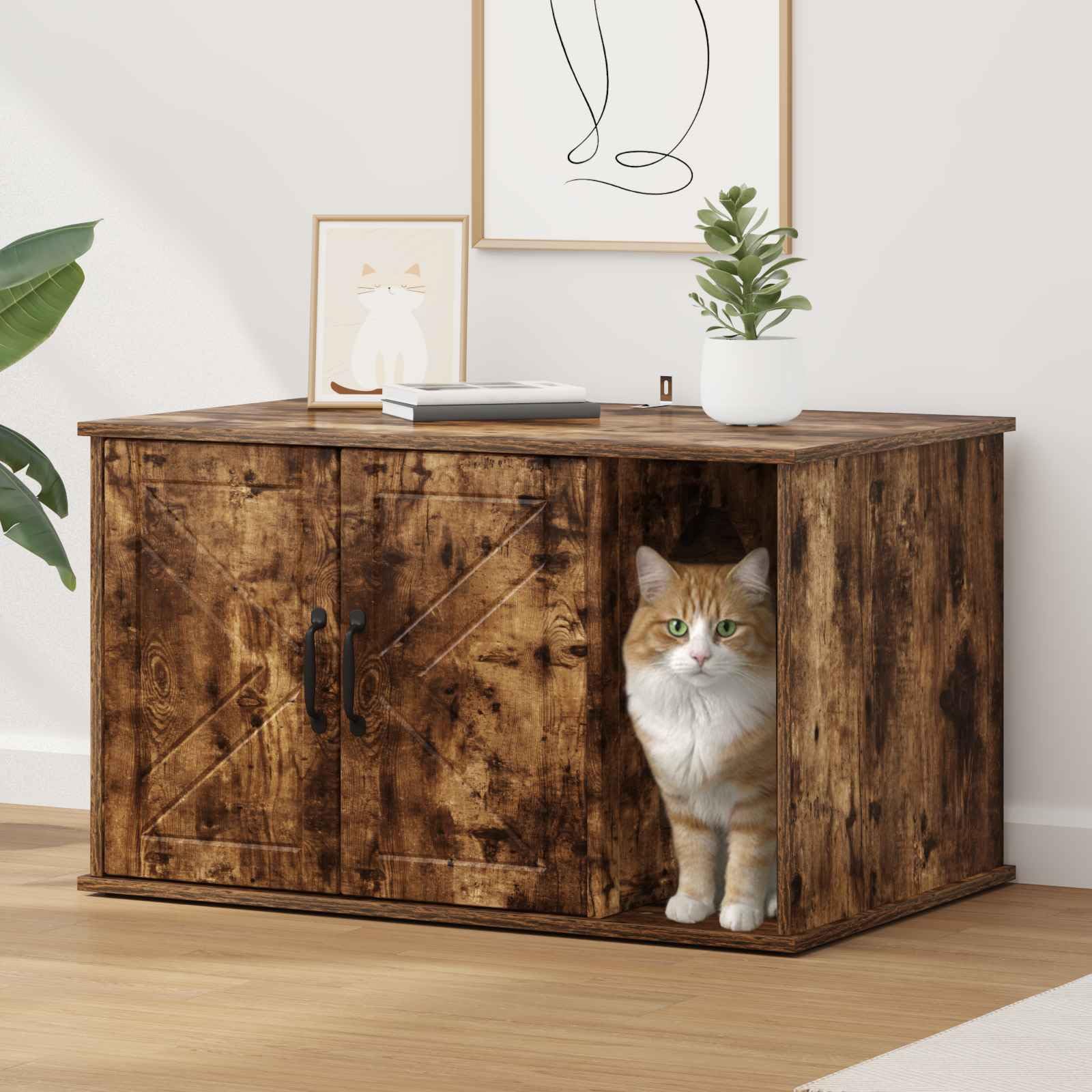 Domek dla kotów z materiału drewnopochodnego z wędzonego dębu, 85 x 55 x 50,5 cm, do wnętrz, stabilna konstrukcja, zajmuje mało miejsca i wytrzymały, dla kotów do spania, wspinaczki i relaksu