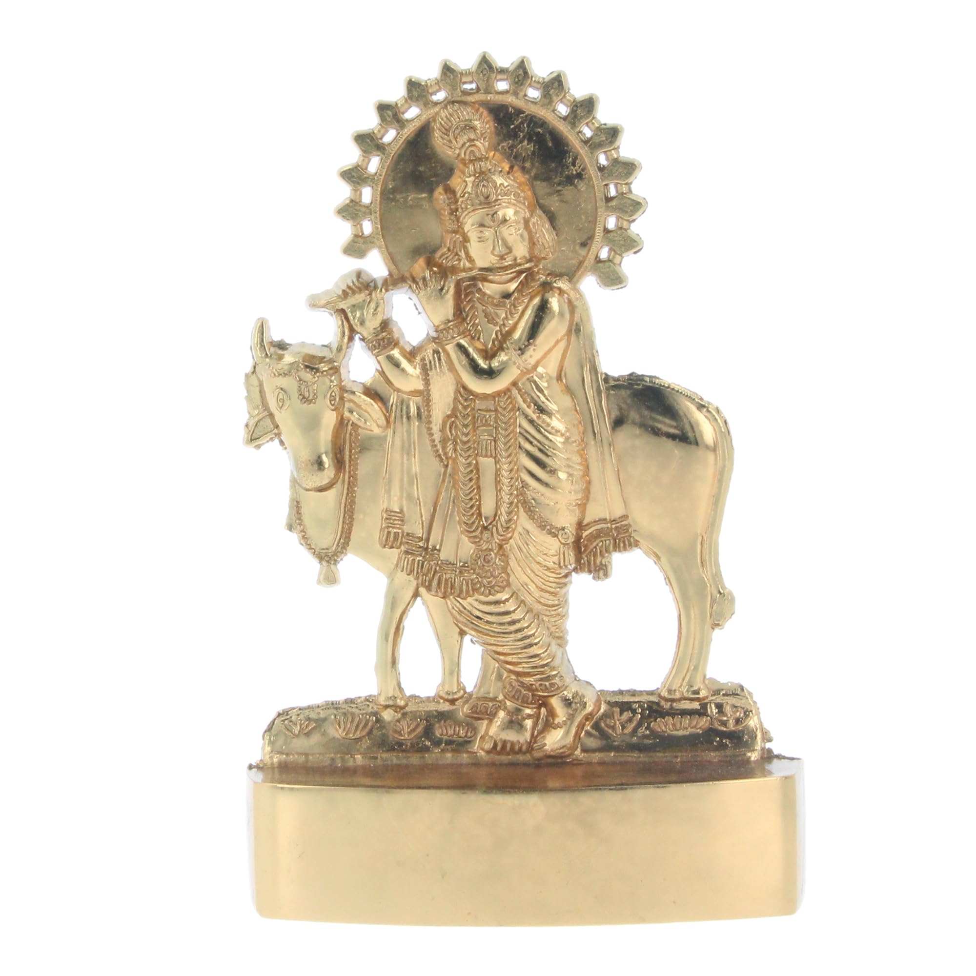 Indiabazaar Golden Lord Krishna Statue Murti Metal Small Krishna With Flute Cow Hindu Indian God Idol For Car Dashboard Home Office Desk Mandir Temple Pooja Décor Diwali Wedding Gift (5 Inch)