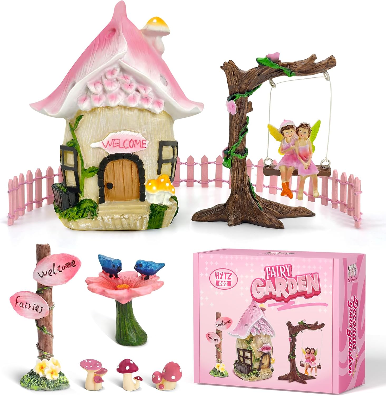 DONABELA Fairy Garden Decor Kit Pink Resin Miniature House Figurines Set Swing Directional Sign Bird Drinking Pool Fence Little Mushroom Outdoor Tiny Accessories for Kids