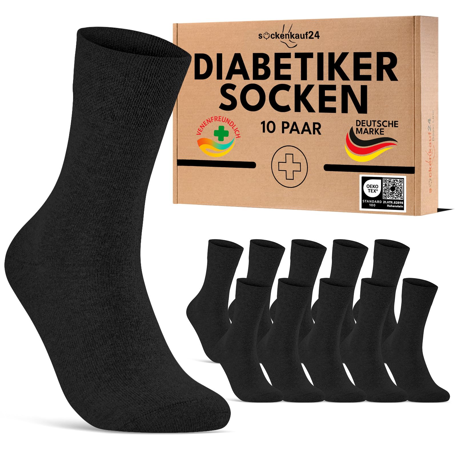 sockenkauf24 10 Paar Diabetikersocken für Herren & Damen ohne Gummibund & ohne Naht aus Baumwolle Diabetiker Socken mit Komfortbund ohne Gummi