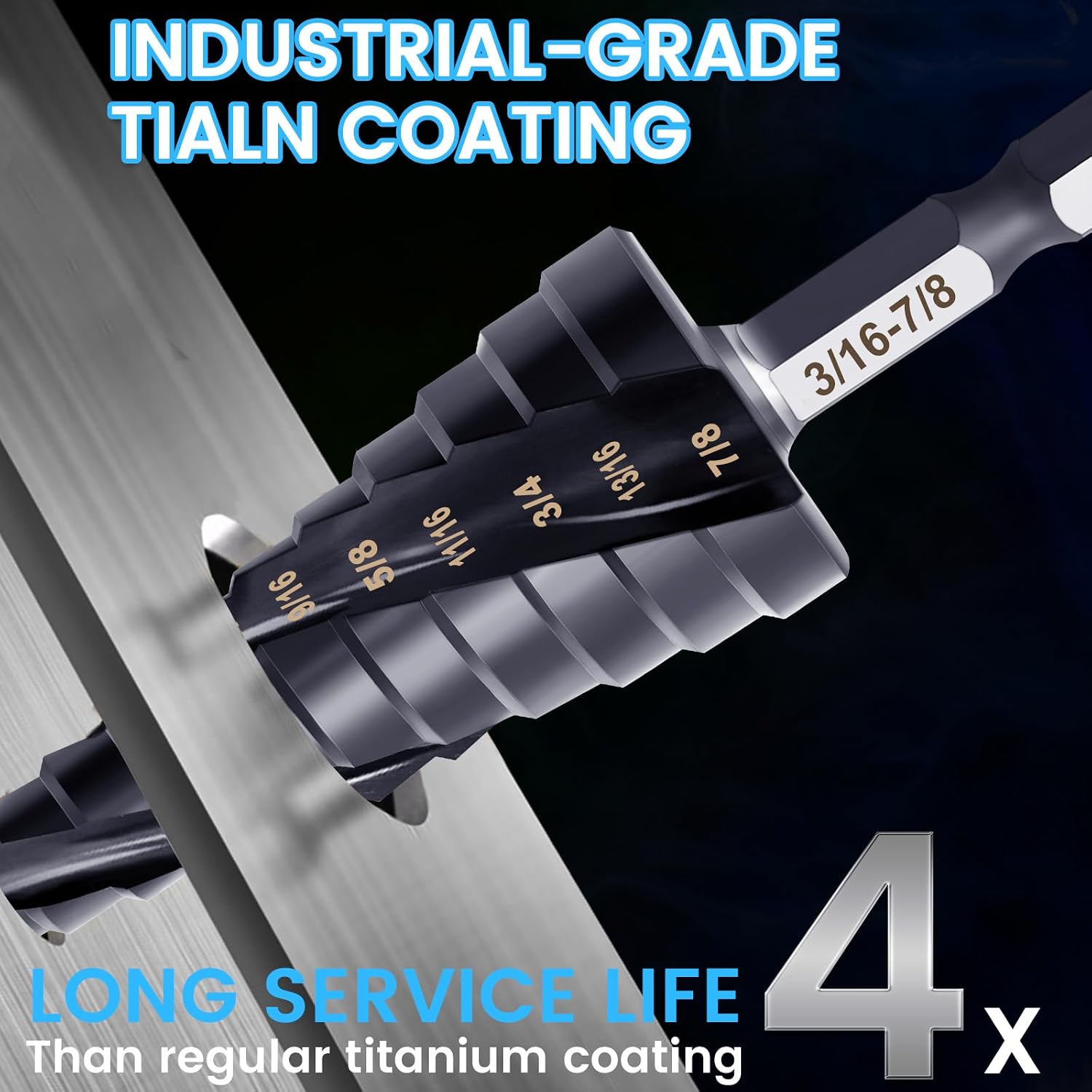 M35 Cobalt Step Drill Bit Set 3/16”-7/8”, Industrial Grade Aluminium Titanium Nitride Coated Step Drill Bit with Automatic Center Punch, 1/4" Hex Shank Step Bit for Metal, Wood, Aluminum, Steel