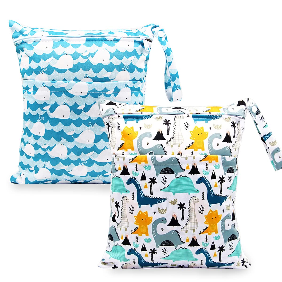 2-Pack Wet Dry Bag, Waterproof and Reusable for Baby Cloth Diaper, Swimsuit, Gym Clothes, Yoga Toiletries, Travel, Breast Pump Parts, and More (Whale & Dinosaur)