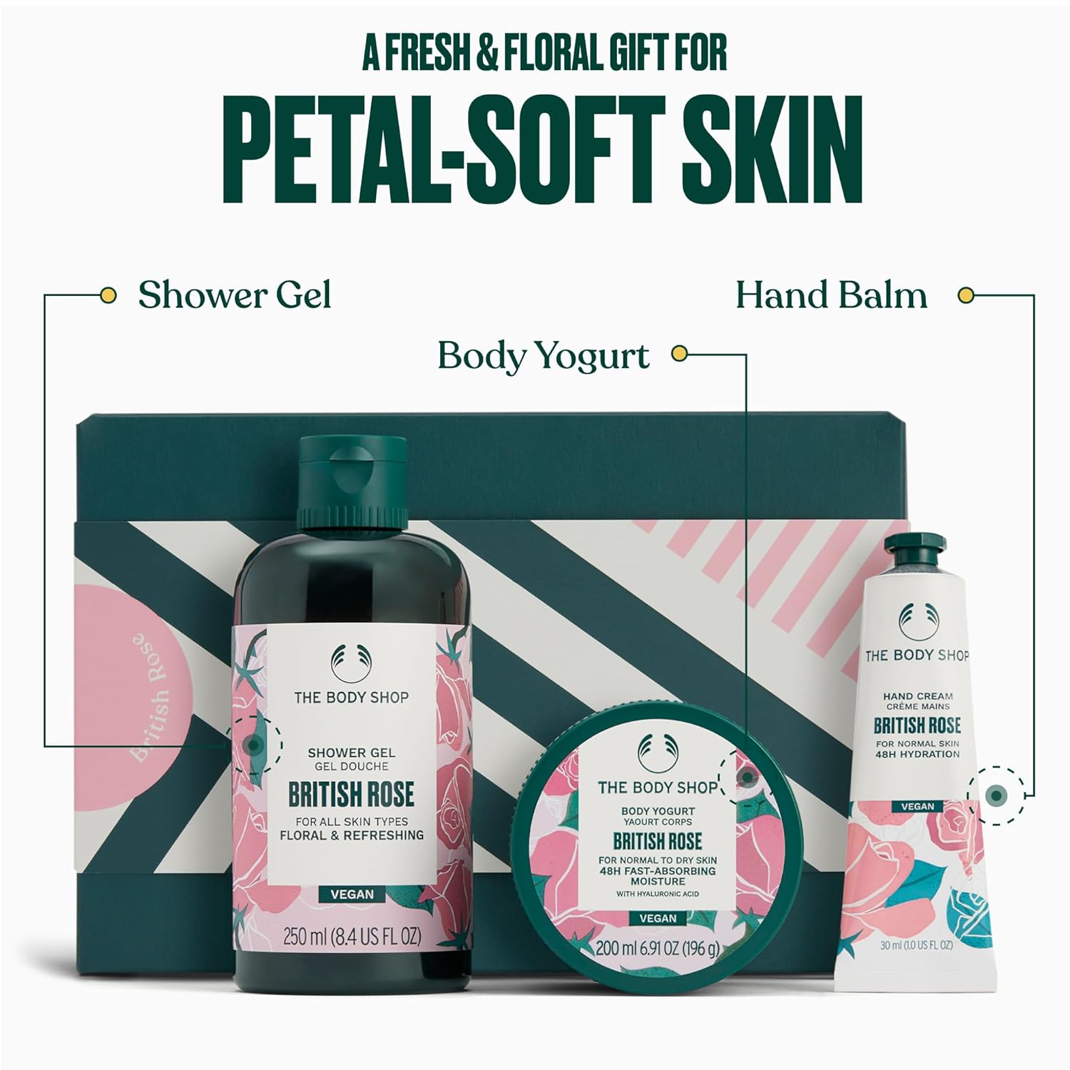 The Body Shop British Rose Gift Set - 3 Piece Set, Includes Shower Gel, Body Yogurt, Hand Balm, Vegan - Image 2