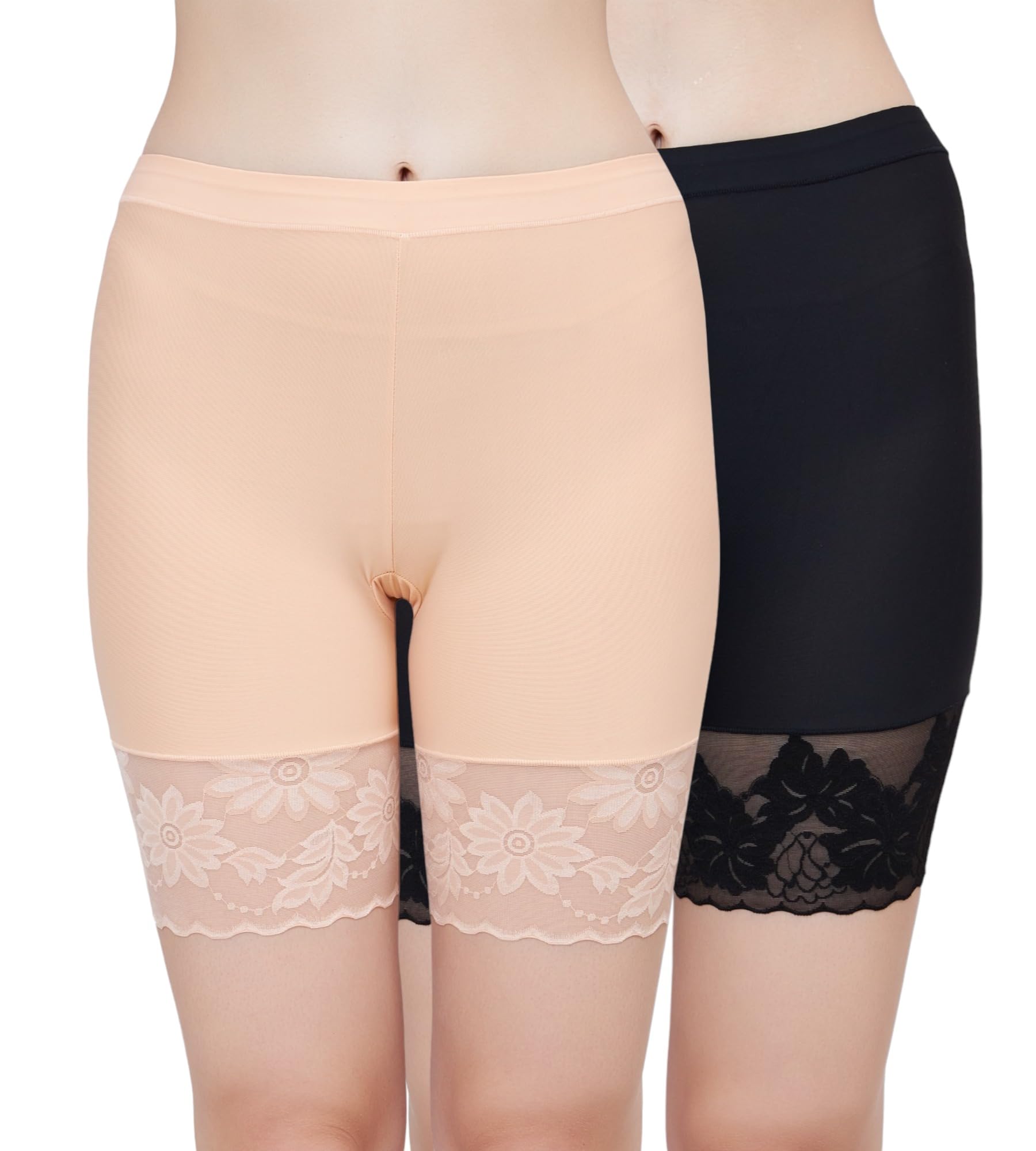 Lace Trim Slip Shorts for Women - Seamless Mid-Thigh Boyshorts Underwear, Size S to L (Pack of 2)
