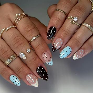 French Tip Press on Nails, Polka Dot Short Almond False Nails, French Tip Nails Press on, Minimalist Reusable Full Cover Fake Nails for Women