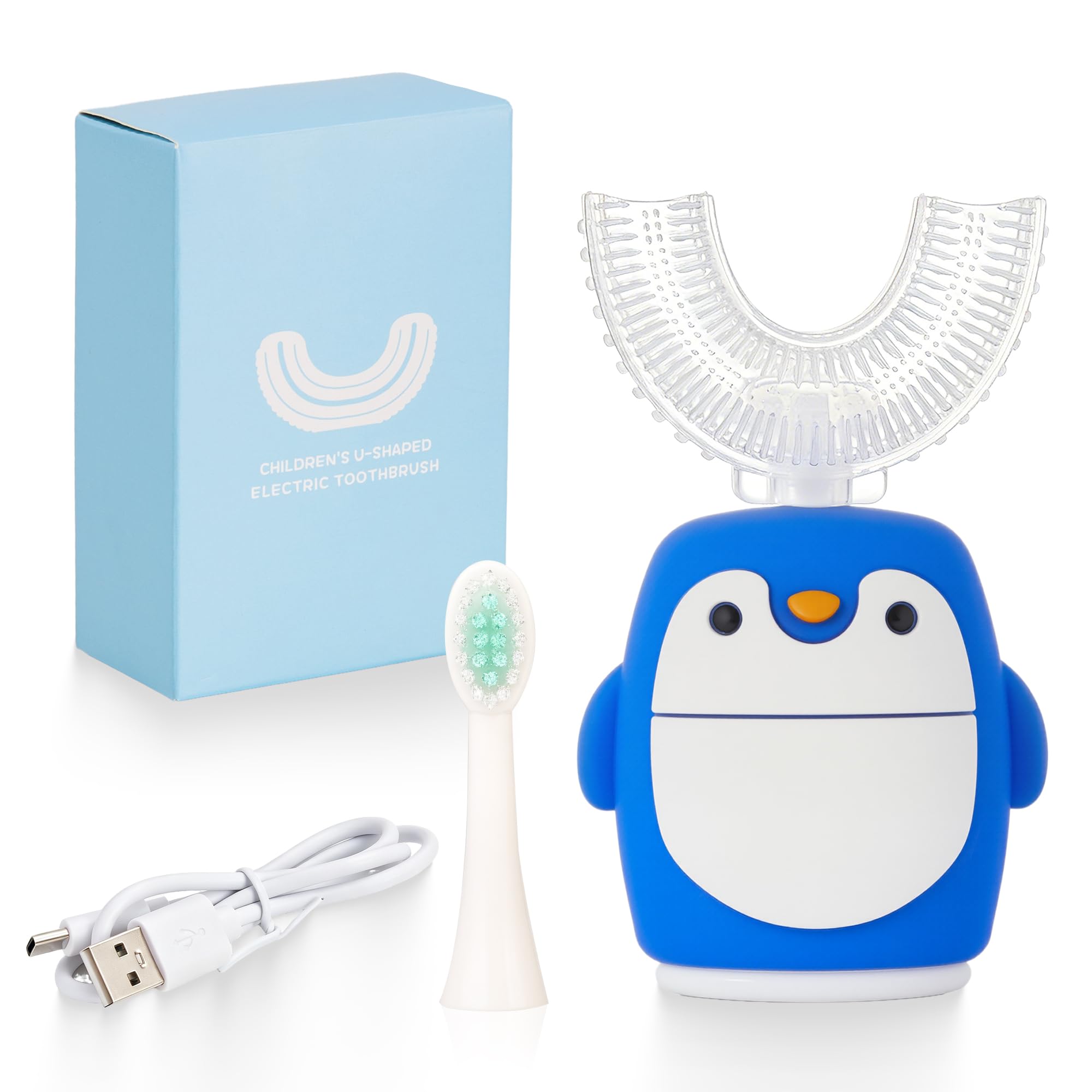 Kids Sonic Electric Toothbrush U Shaped Automatic Timer IPX7 Waterproof 5 Modes 360° Oral Cleaning Teeth Whitening Gums Massage Replaceable Soft Cartoon for 2-7 (Blue Penguin)-image-26