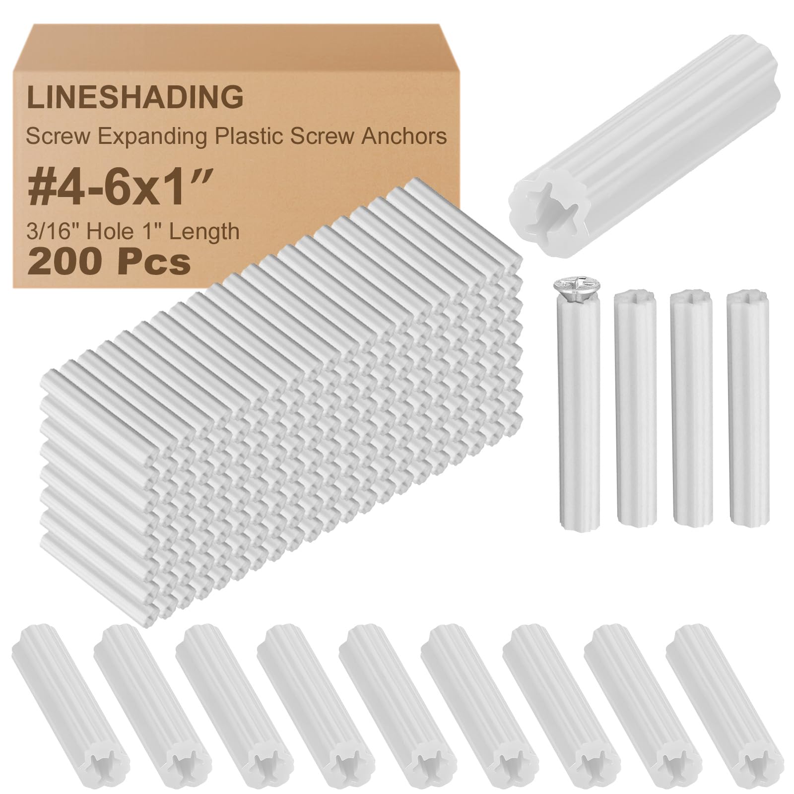 200 Pcs Expanding Plastic Screw Anchors 3/16" Hole White Plastic Anchors for Concrete Masonry Tile Cement Bolt Expansion Tube for #4,5,6 Screws, Fix to Wall Drywall or Other (1")
