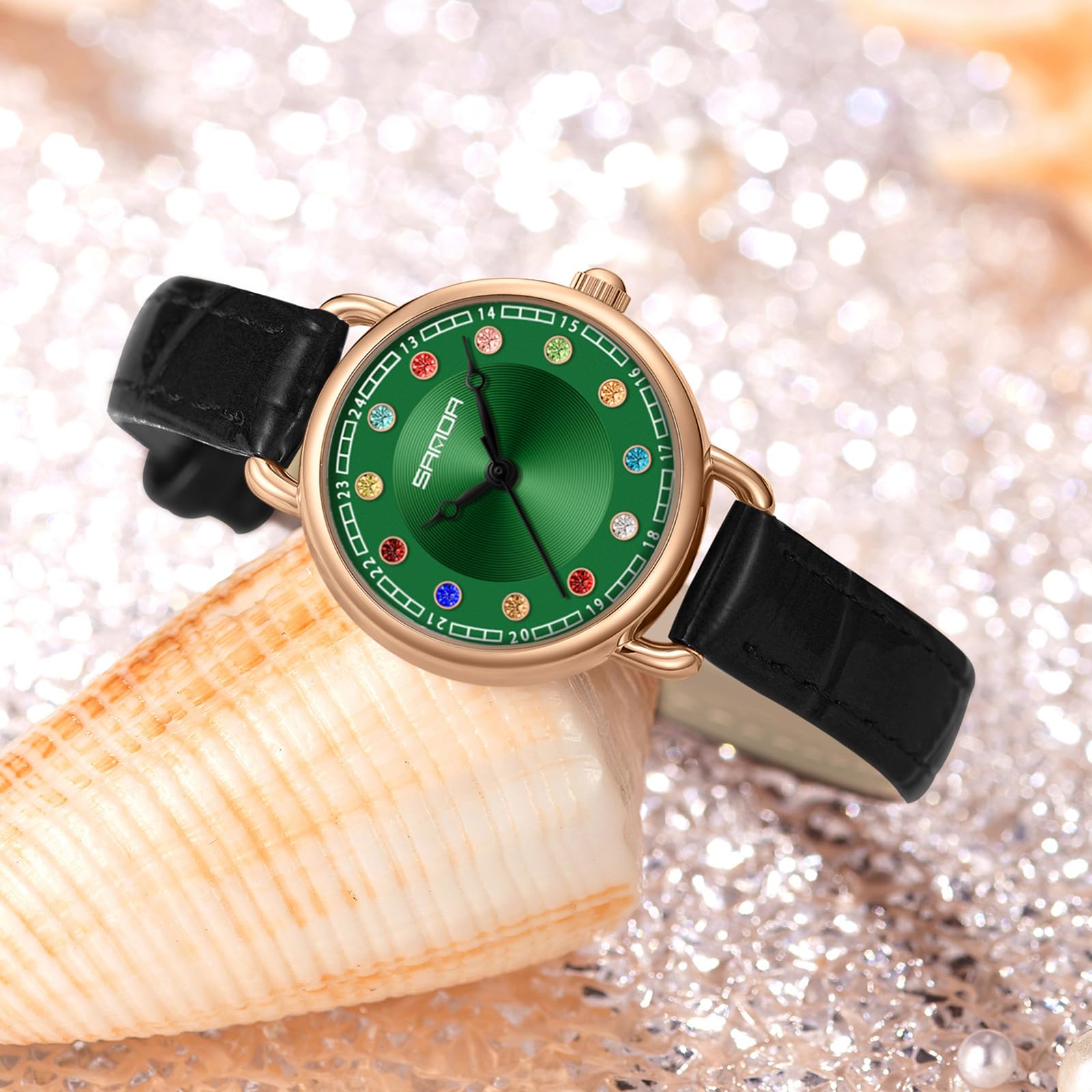 findtime Relojes de mujer pequeños elegantes analógicos de cuarzo reloj de mujer piedras coloridas joyas originales moderno reloj de pulsera para mujer acero inoxidable cuero regalos románticos para