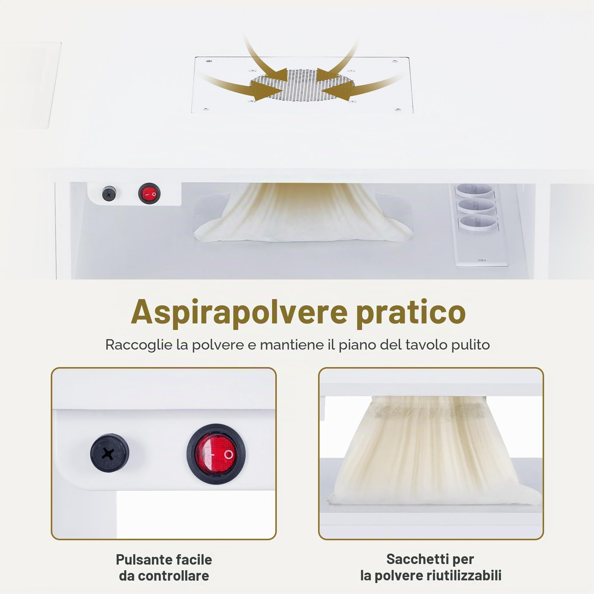 Barberpub scrivania con 4 cassetti, scaffale, 2 ripiani e piano in vetro, tavolo per unghie con aspirazione e 2 sacchetti per l'aspirazione, tavolo per ricostruzione unghie in legno, 2442