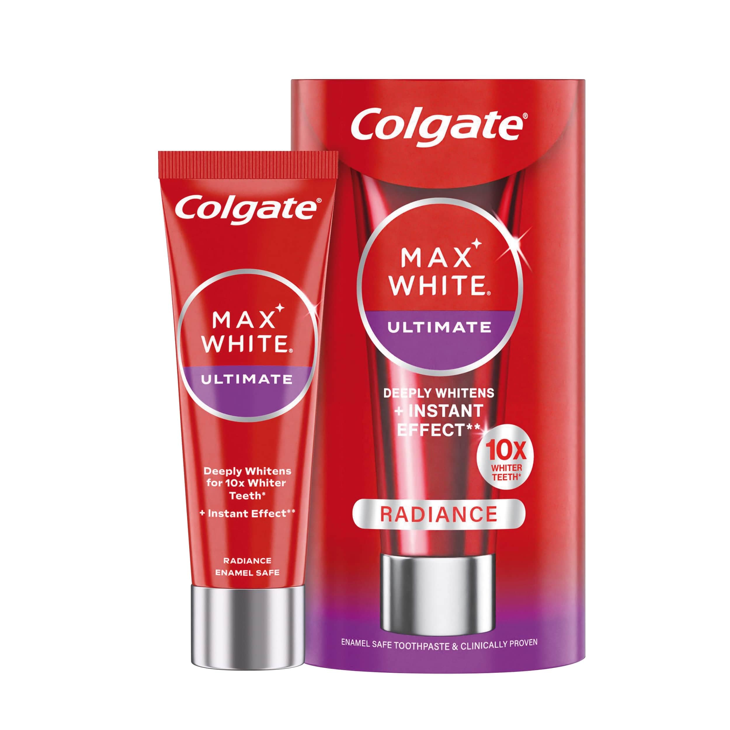 Colgate Max White Ultimate Radiance pasta do zębów 75 ml | natychmiastowe rozjaśnienie zębów* | Colgate pasta do zębów usuwa głęboko osadzone przebarwienia** | Delikatna dla szkliwa zębów