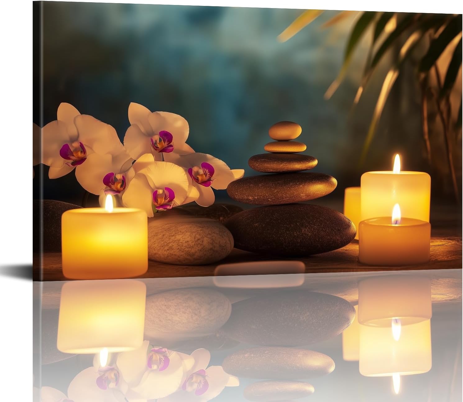 Zen Wall Art Bathroom Decor Zen Stones Orchid Flower Picture Spa Candle Canvas Prints Still Life Poster Meditation Painting for Spiritual Room Bedroom Decor Framed(Zen-04,16"x24")