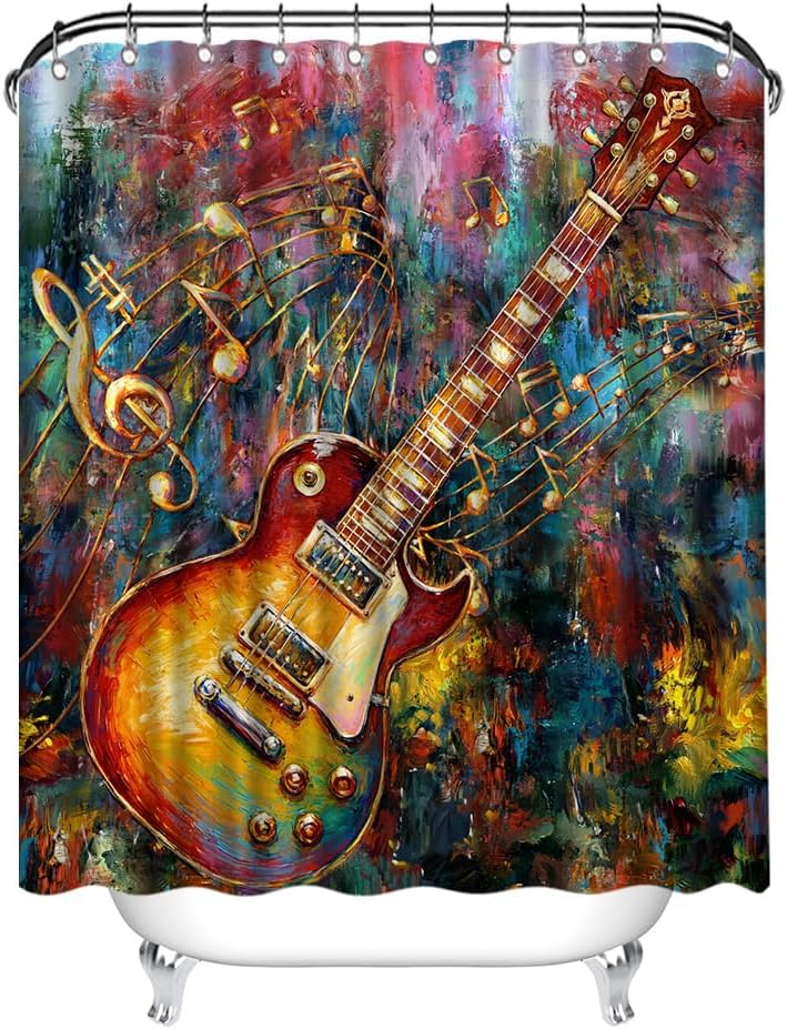 Colorful Guitar Shower Curtain, Music Notes Theme, Vibrant Oil Painting Style Bathroom Decor