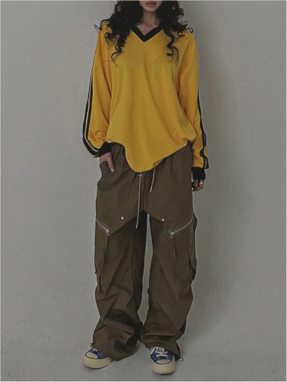 OYOANGLE Women's Side Striped Long Sleeve Oversized Tshirts Y2K Collared V Neck Drop Shoulder Fall Tops - Image 5