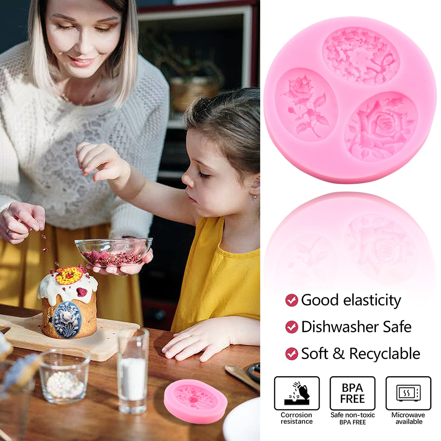 Zixiang Juego de 4 moldes de silicona para decoración de pasteles, chocolate, caramelos, arcilla polimérica, diseño de hada y rosas