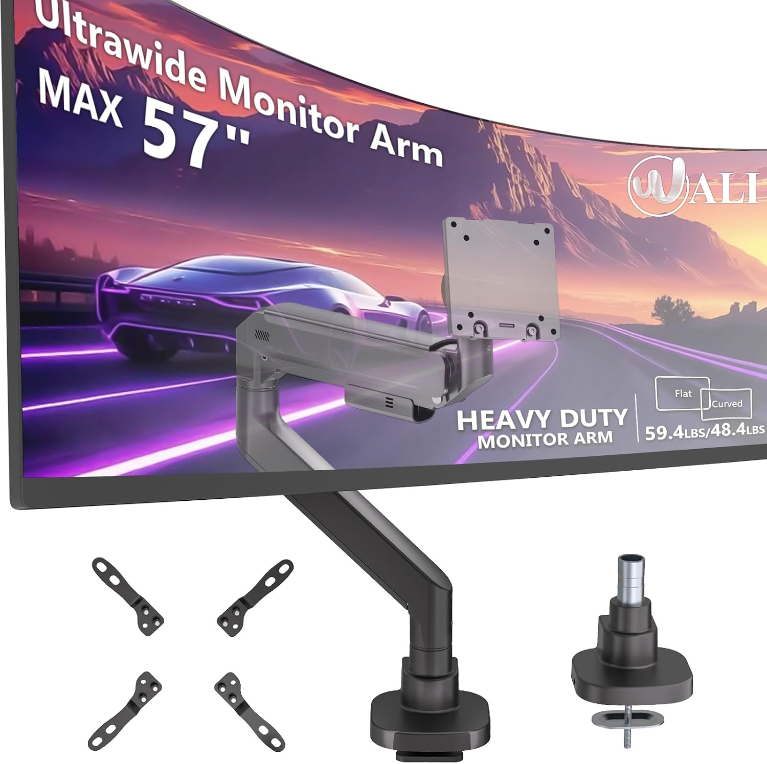 WALI 24-57" Monitor Arm, Heavy Duty Desk Mount for Ultrawide Flat and Curved Screen Up to 59.4lbs, VESA 75x75 to 200x200 (GSMU001XL-P), Black