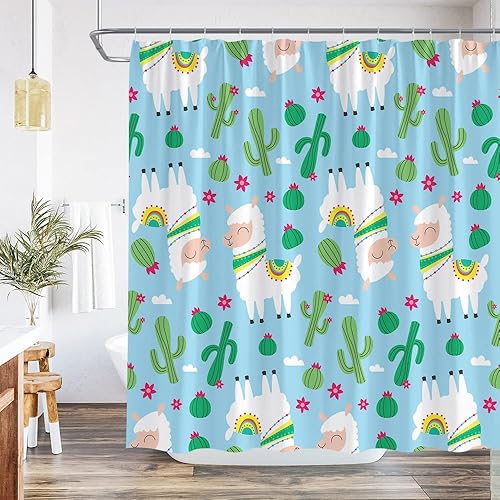 QWRSMYX Cortina de ducha de alpaca con diseño de animales de dibujos animados, diseño de cactus y flores, color verde desierto, moderno, juego de