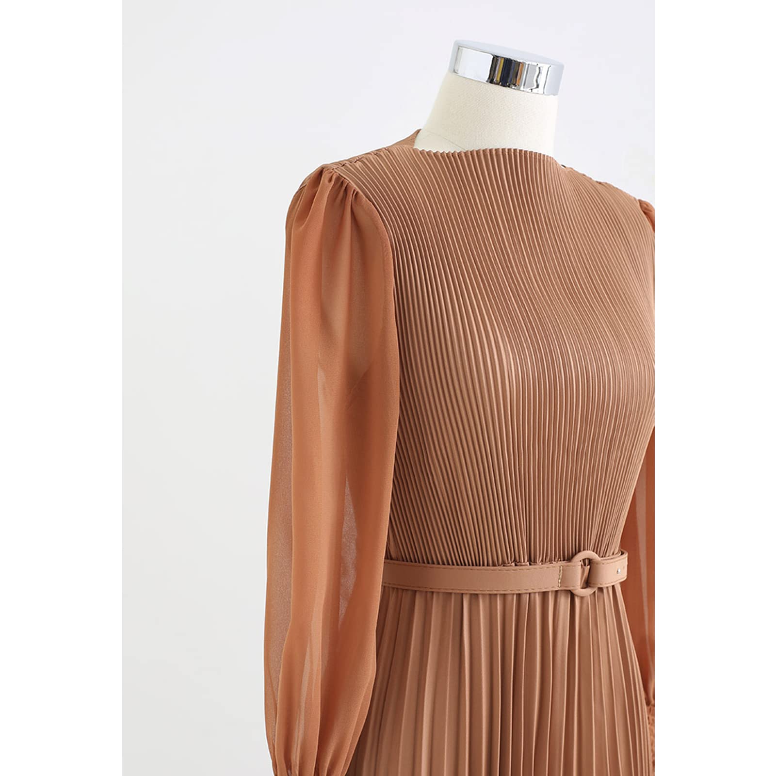 CHICWISH Women's Tan Full Pleated Belted Maxi Dress