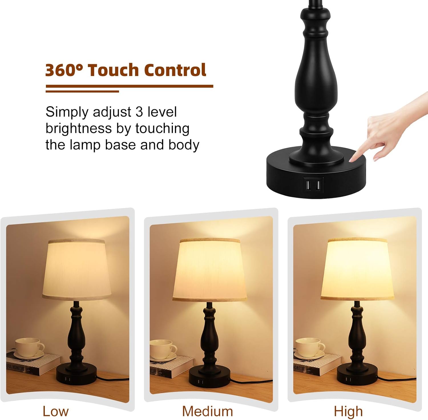 Wееklу Tор Sаlе Touch Control Bedside Lamps with 2 USB Charging Ports, 3 Ways Dimmable Nightstand Lamps with A19 6W LED Bulb, USB Modern Table Lamps with Fabric Shade for Bedroom, Living Room, Office Set of 2