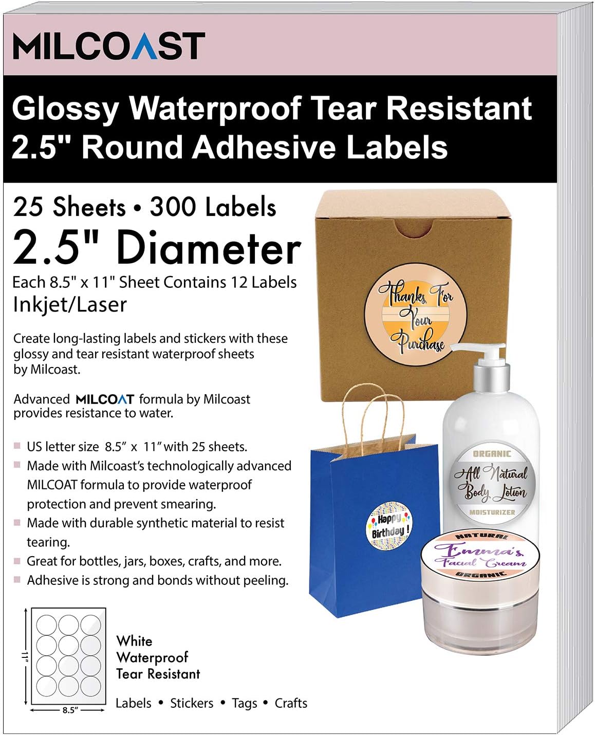 Milcoast Glossy White Waterproof Tear Resistant Blank Adhesive 2.5" Round Circle Shaped Labels - for Inkjet/Laser Printers - 300 Labels (25 Sheets)