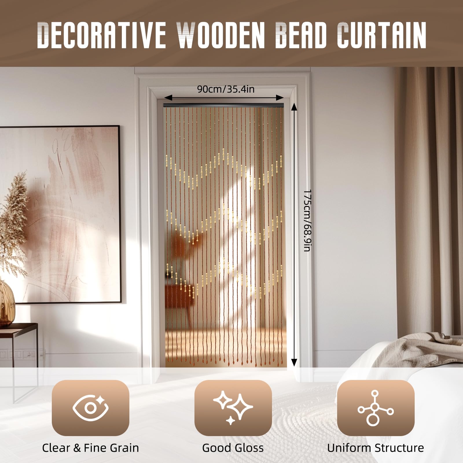 Rideau de porte en bois avec perles en bois, 27 lignes, 90 x 175 cm | Séparateur de pièce en bois - 90 x 175 cm - Pas de perçage nécessaire - Pour salon, chambre à coucher, camping-car, etc