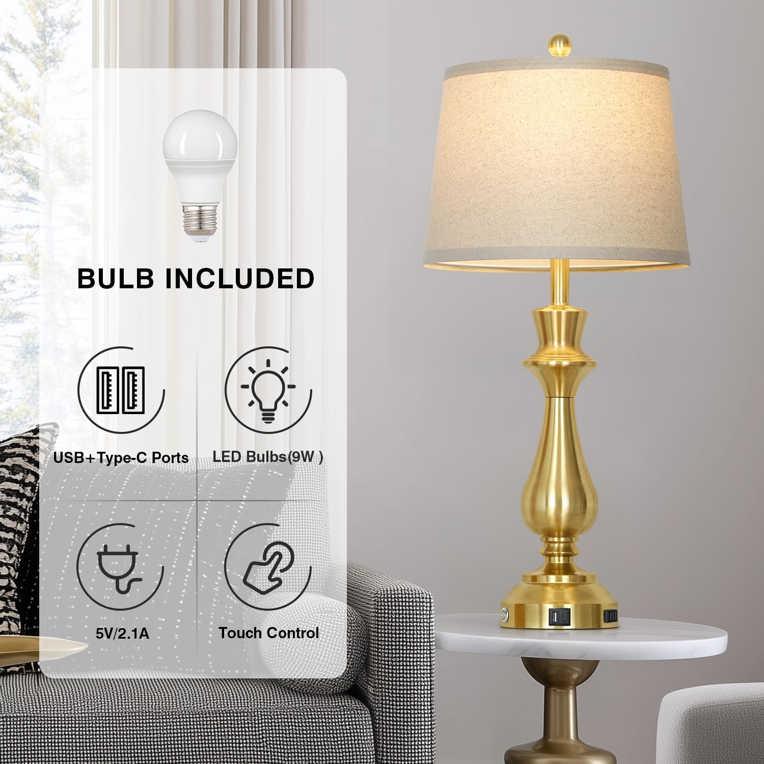 Modern Gold Table Lamp for Living Room,30" Tall Bedside Lamp with USB Charging Port,3-Way Dimmable Touch Nightstand Lamp for Bedroom Desk Side Table Office,Gold-1P image 4