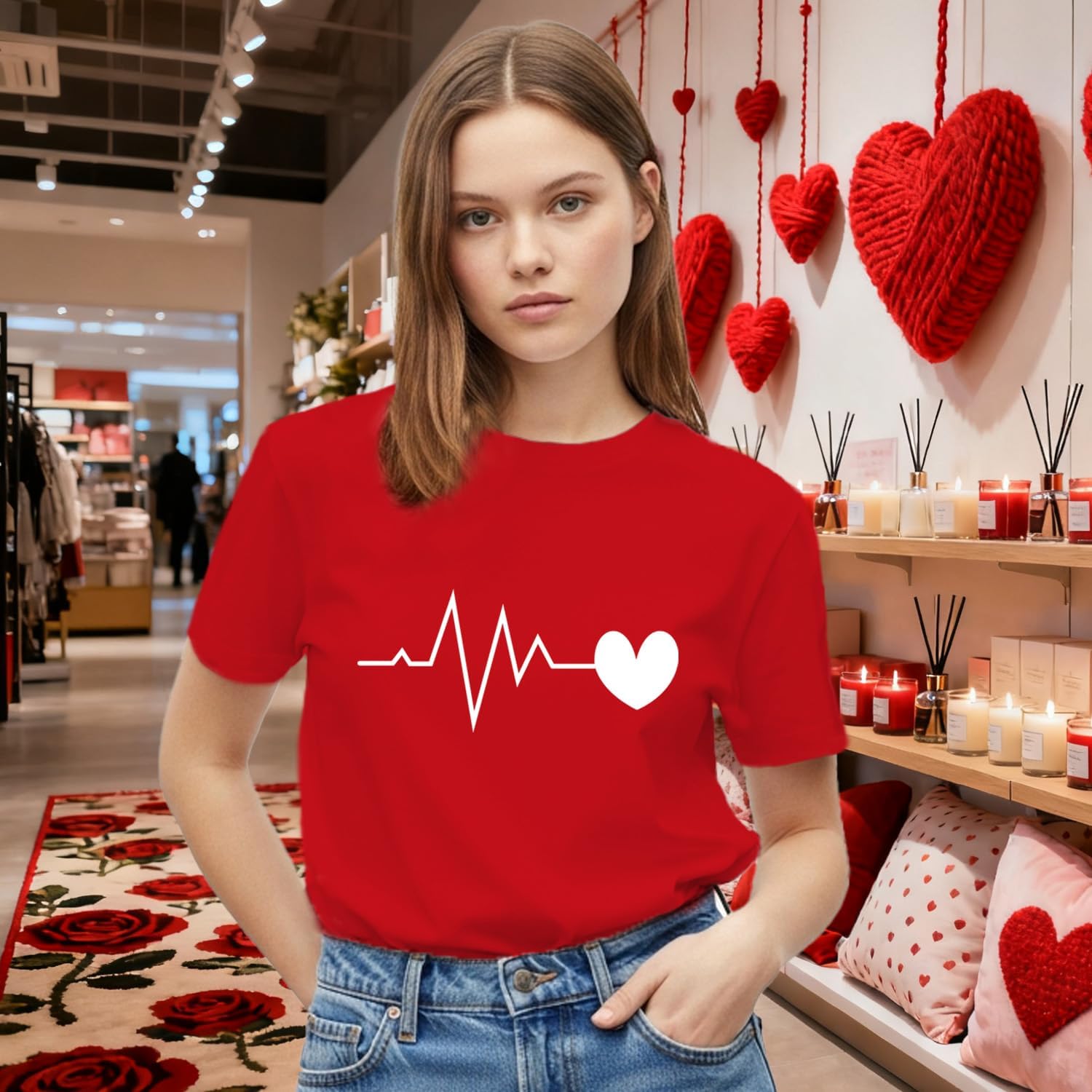Valentines Shirts for Women Valentines Day T-Shirt Heartbeat Pattern Tee Tops - Image 4