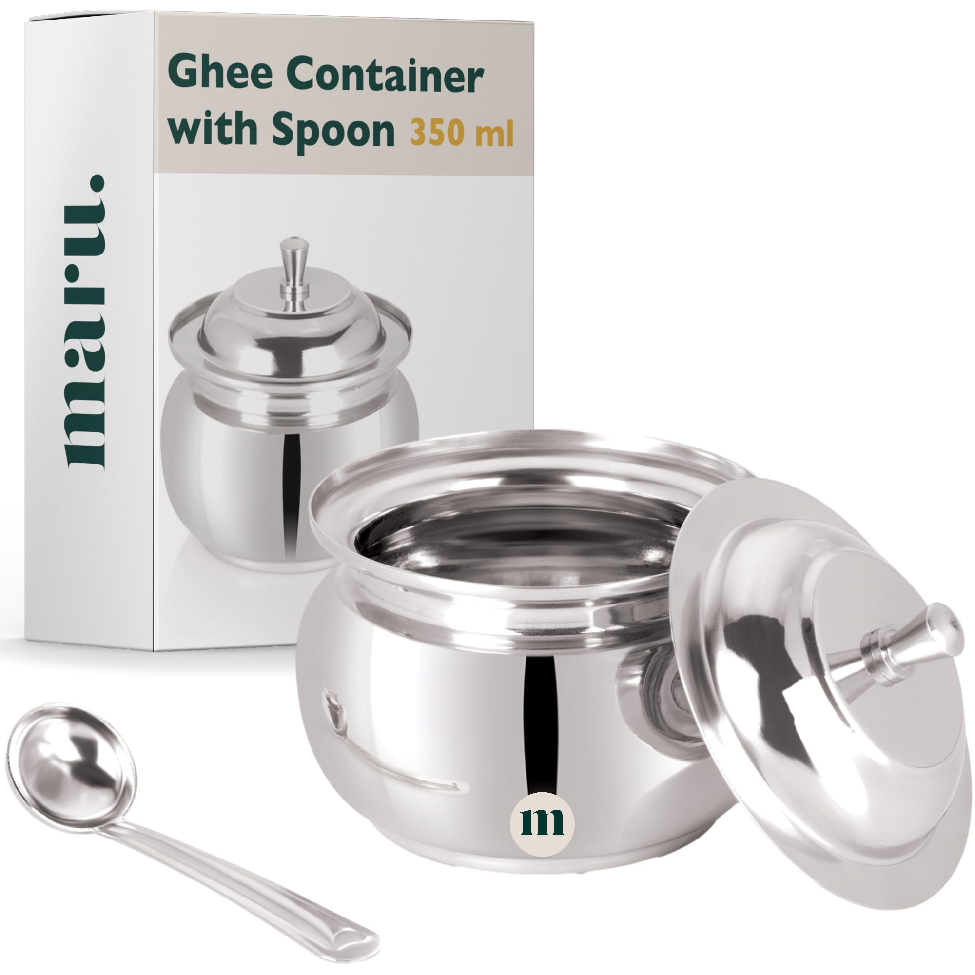 MARU Stainless Steel Ghee Pot With Spoon & Lid, Elegant Ghee Dispenser Container For Kitchen Storage Set, Multipurpose Oil, Sauce, Ghee Storage Container For Kitchen, 350Ml, Silver
