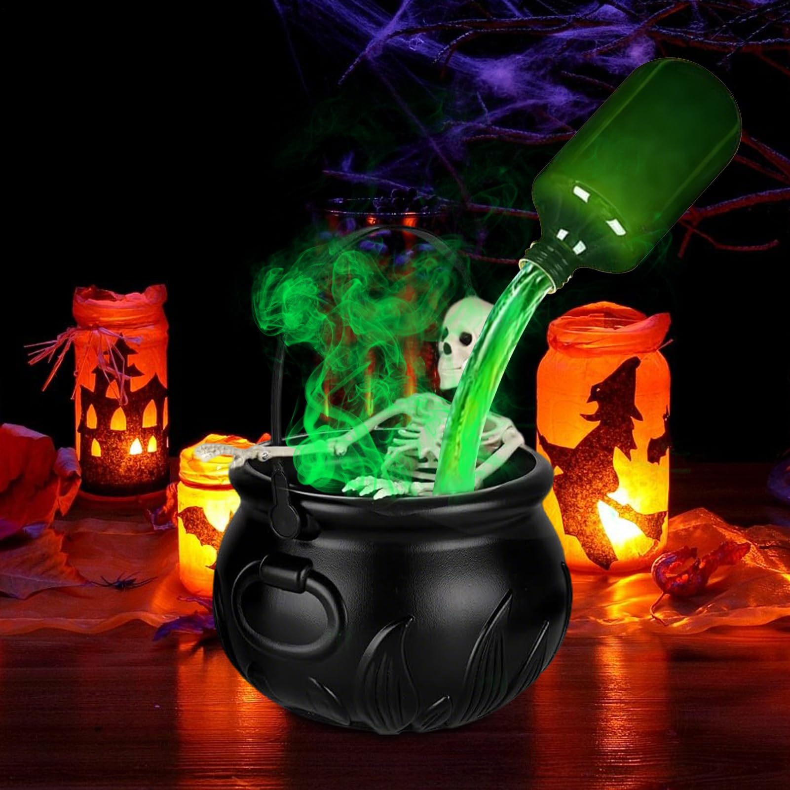 Halloween Decorations Black Cauldron,Partydekoration Mit Magischen Schwimmenden Zaubertrankflaschen Und Diffusor, Skelett-Hexenkessel Für Wohnzimmer, Schlafzimmer, Schreibtisch, Drinnen Und Draußen