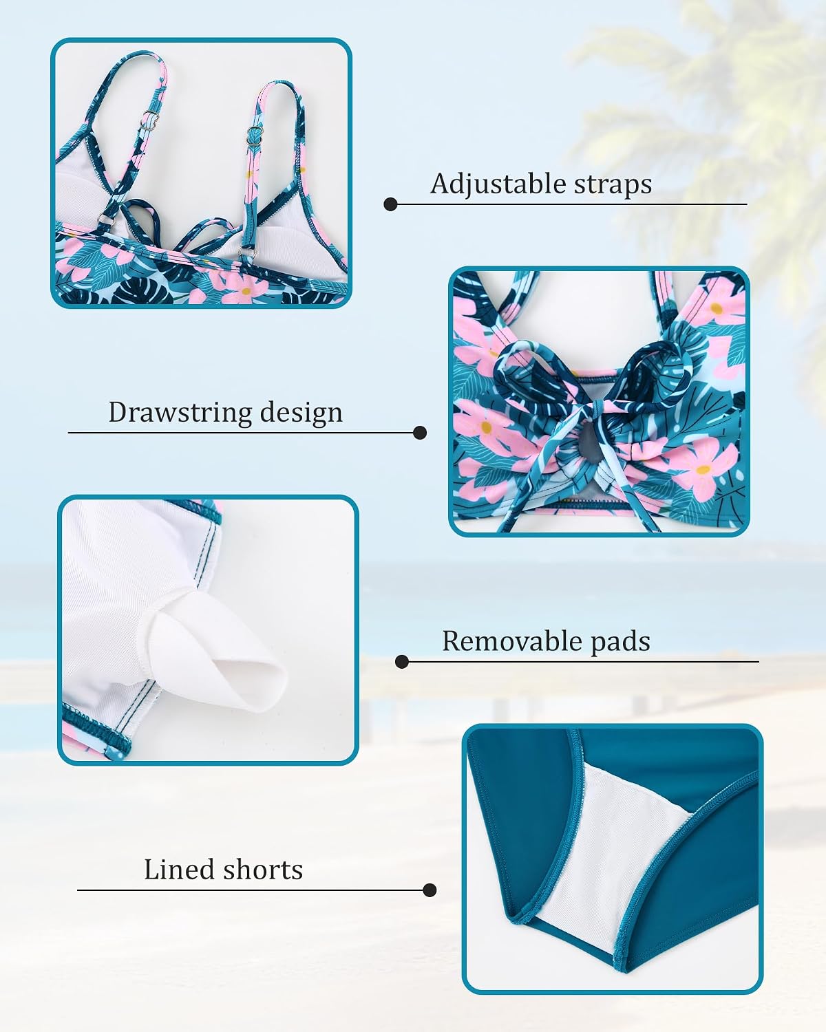 Girls 3 Piece Bikini Set Print Swimsuit with Cover Up Skirt Wireless Beach Swimwear Summer Bathing Suit 7-16 Years image 4