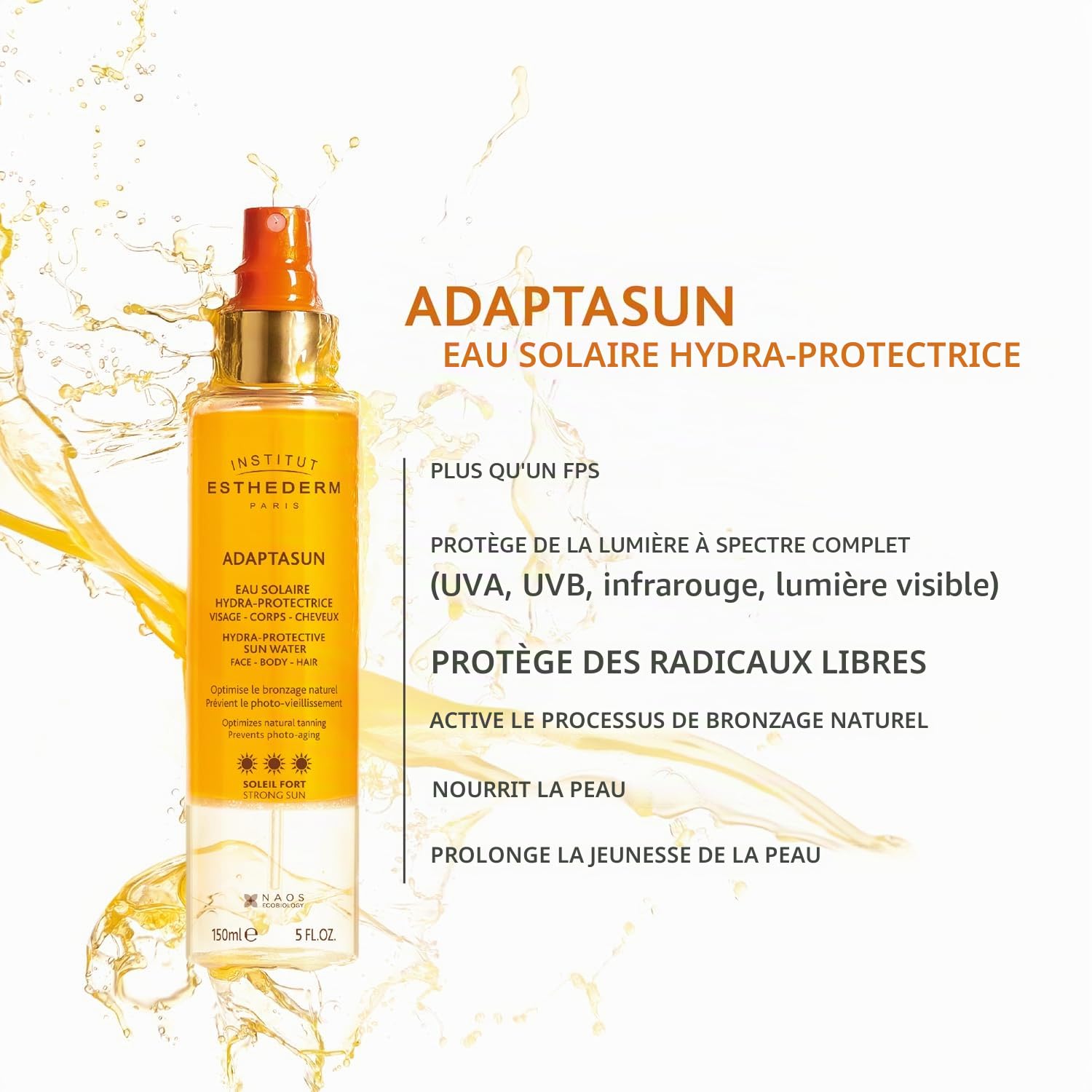 INSTITUT ESTHEDERM Eau solaire hydra-protectrice - Protection UVA/UVB contre les coups de soleil et le photovieillissement - Accélère le bronzage - Flacon Pompe 150 ml