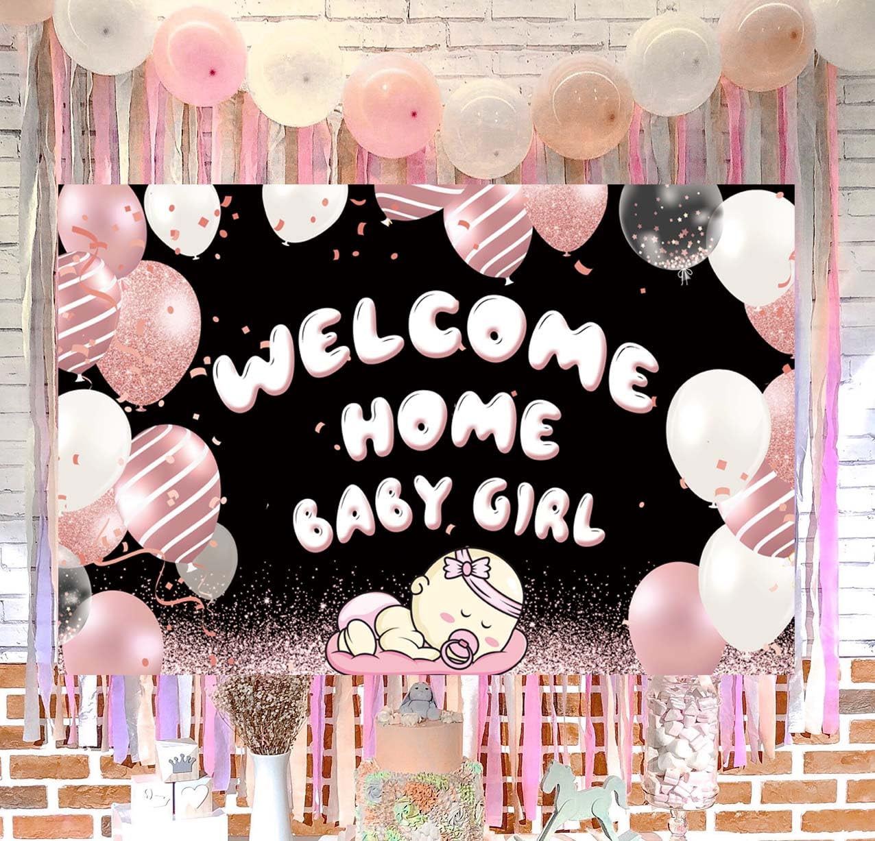 AOFOTO Hello Baby Runder Fotohintergrund – Süße Rosa Blumen, 2m Durchmesser, Perfekt Für Babyparty, Neugeborenenfotos & Böhmische Deko
