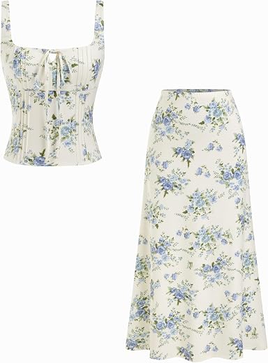CIDER Womens Two Piece Outfits Floral Tie Front Tank Tops and A Line Skirts Summer Casual Going Out Outfits