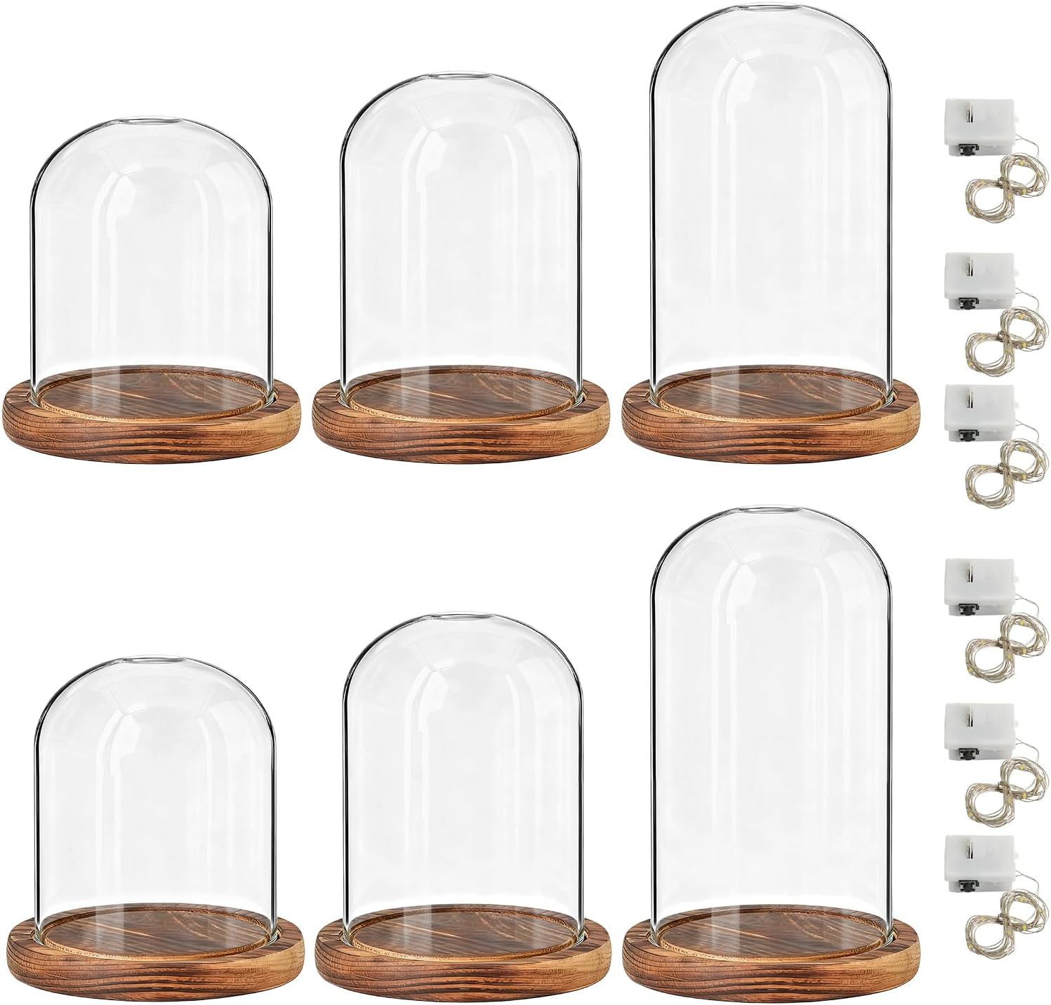 6 Pcs Glass Display Dome Cloche with Wood Base Clear Dome Jar Display Case with LED Lights for Home Office Tabletop Wedding