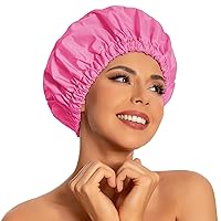 Vista 15 de Gorro de ducha reutilizable para mujer, grande, impermeable, lavable, banda elástica, sombrero de baño para cabello largo, trenzas (verde)