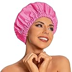 Reusable Shower Cap for Women, Large Waterproof Shower Essentials Bonnet Washable Elastic Band Bath Hair Wrap Hat for Long Hair, Braids(Rose Red)