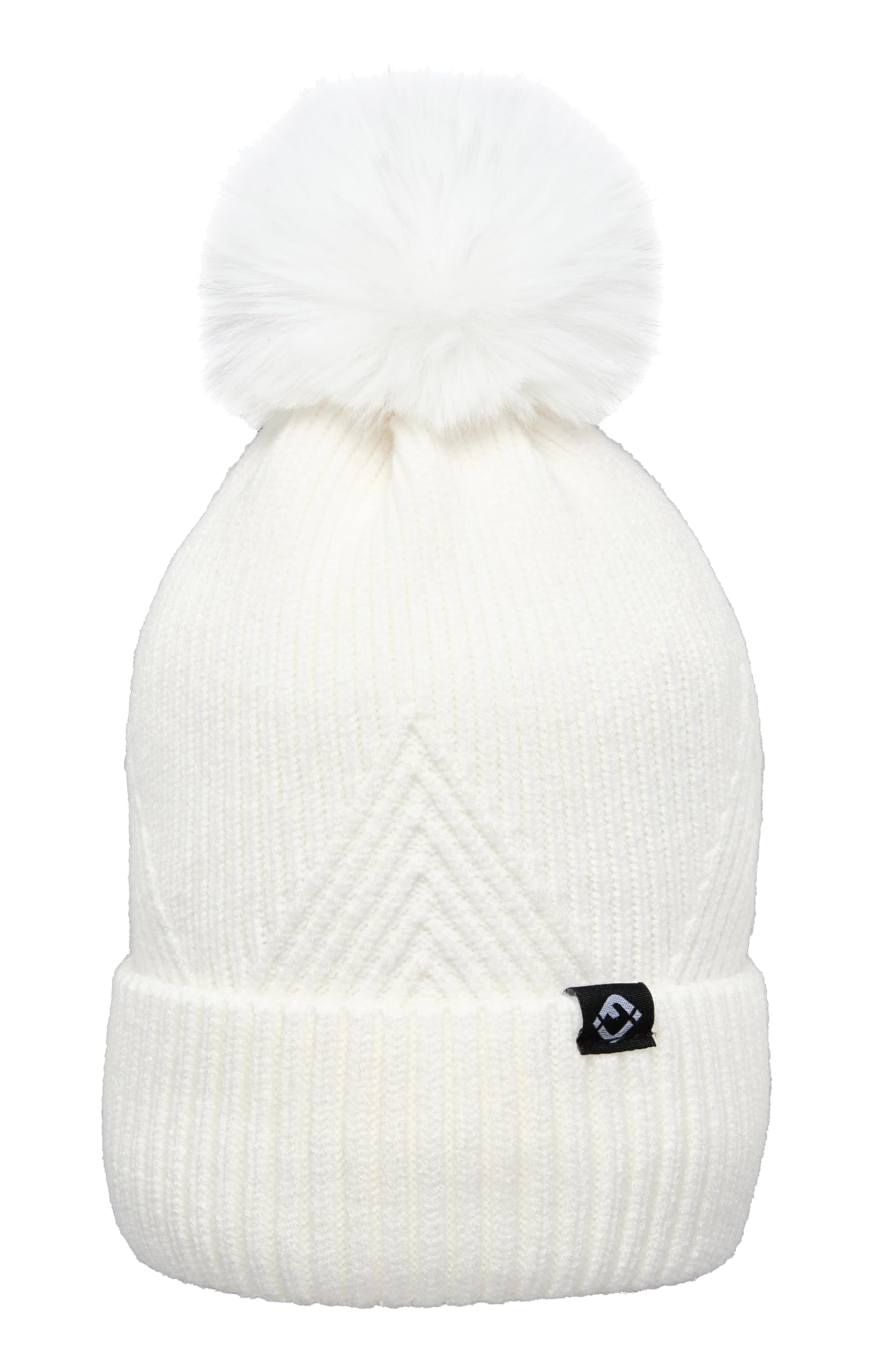 Women's Diagonal Pattern Fleece Lined Pom Pom Beanie - Ivory