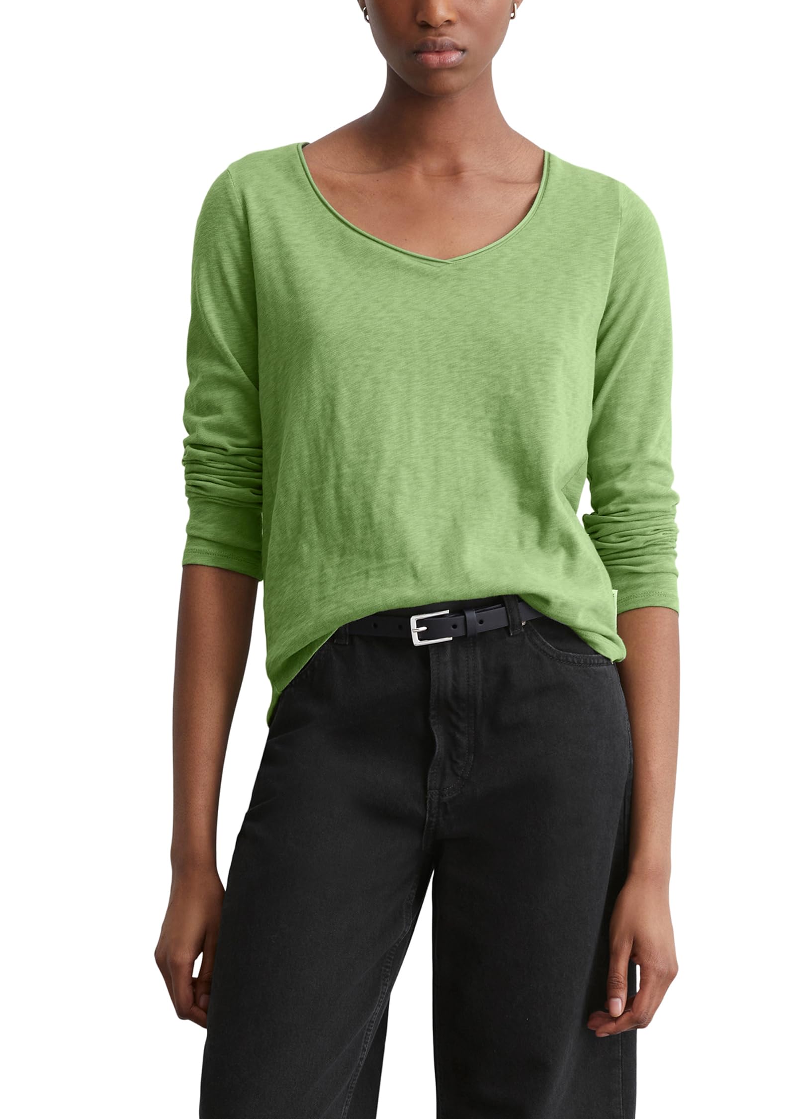 Marc O'Polo Denim Damen Langarmshirt aus Bio-Baumwolle mit V-Ausschnitt, Grün (Herbal Garden), XXS