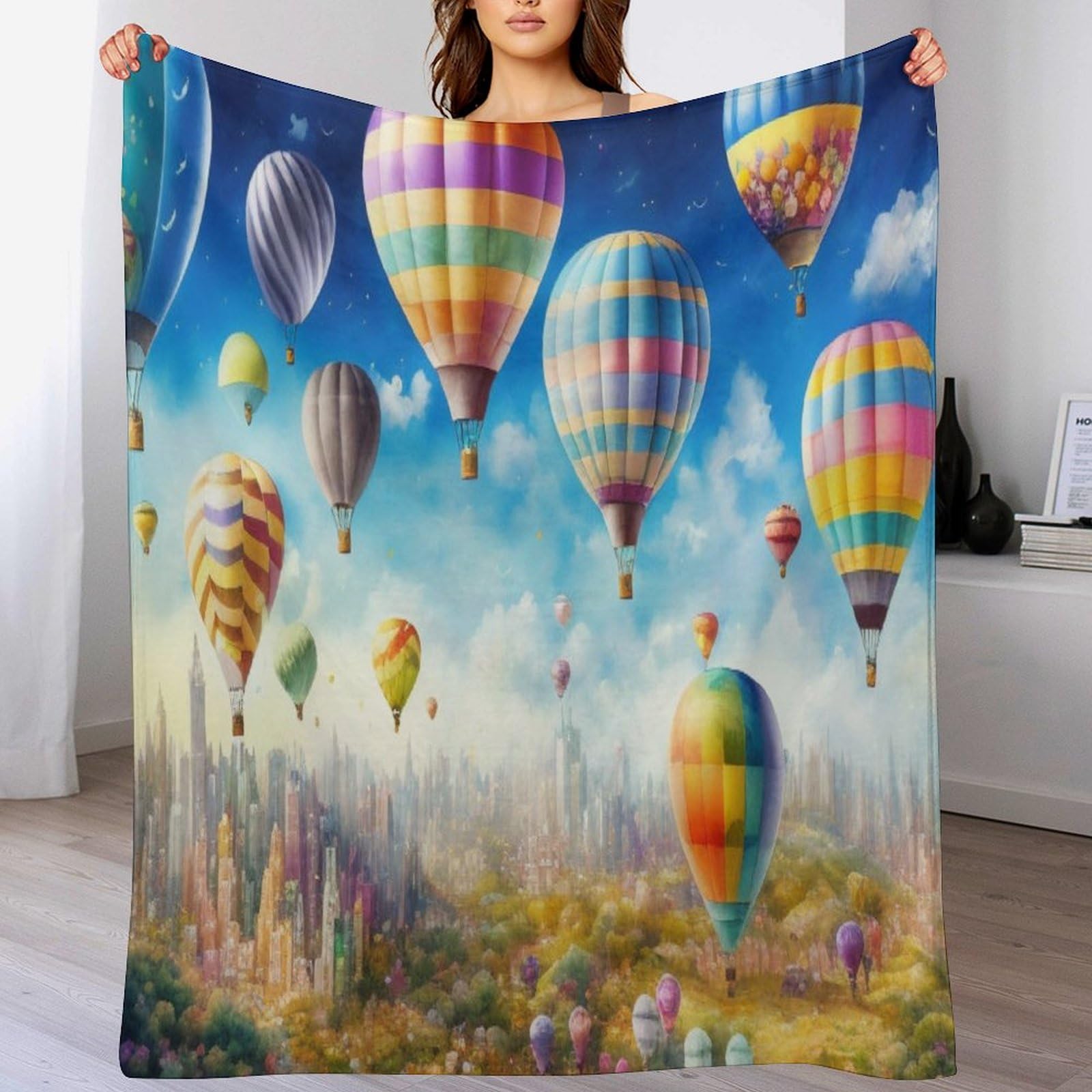 Couverture Polaire Douce Flannel à Motif Montgolfière de Grande Taille 180x200cm