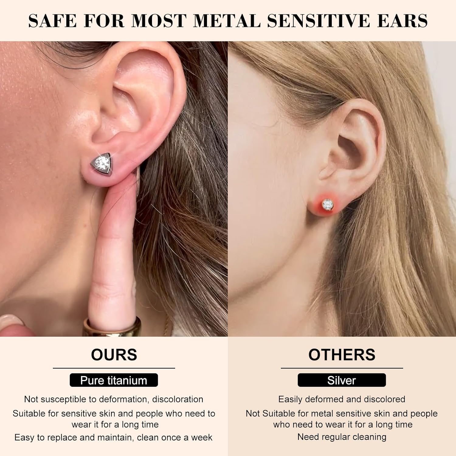 JEROOT Hypoallergenic Pure Titanium Stud Earrings with Cubic Zirconia & Moissanite, Dainty Triangle Heart Geometric Earrings for Women Daily Wear & Gift